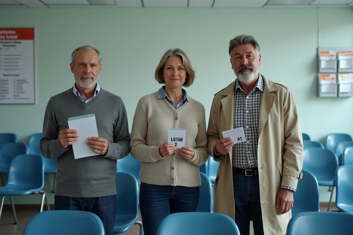 Groupe de demandeurs d'emploi dans la salle d'attente d'une agence France Travail tenant leurs dossiers