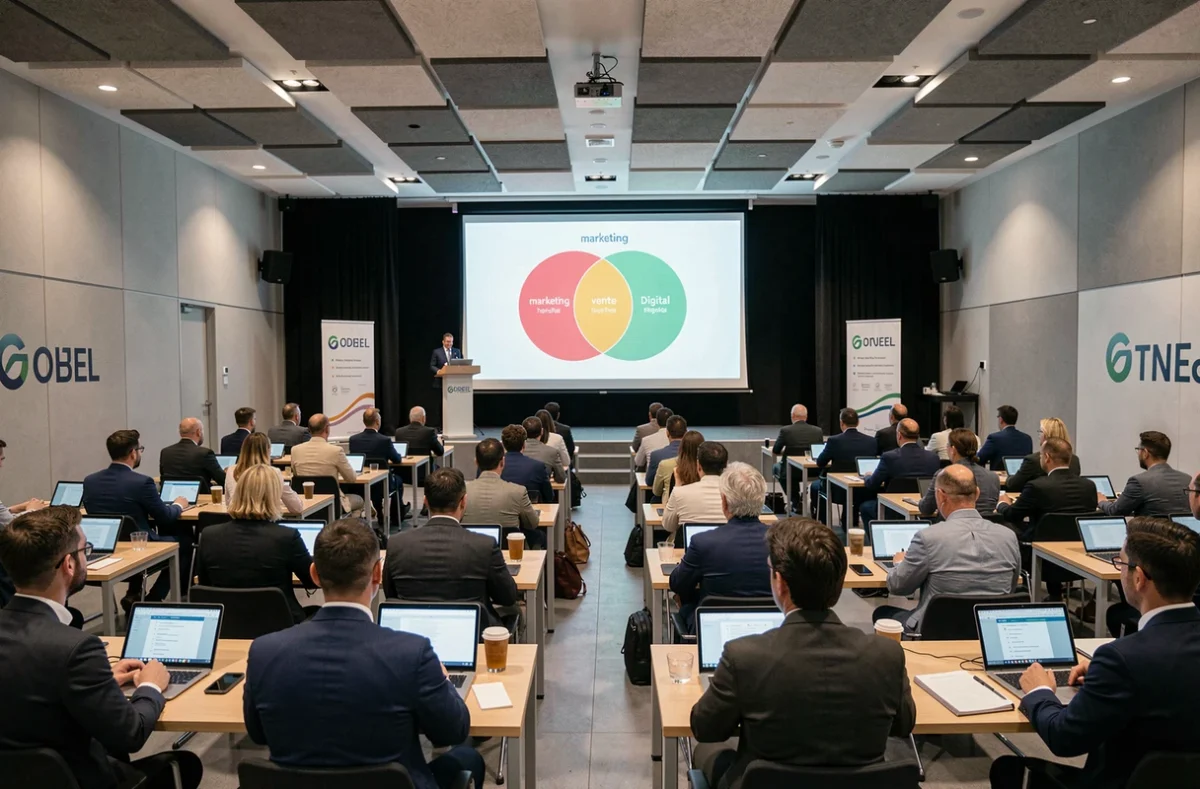Vue d'ensemble d'une salle de conférence parisienne lors d'un atelier alignement marketing vente et digital