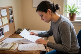Jeune femme autodidacte étudiant des scripts de cinéma et des notes de scénarisation dans un bureau aménagé à domicile