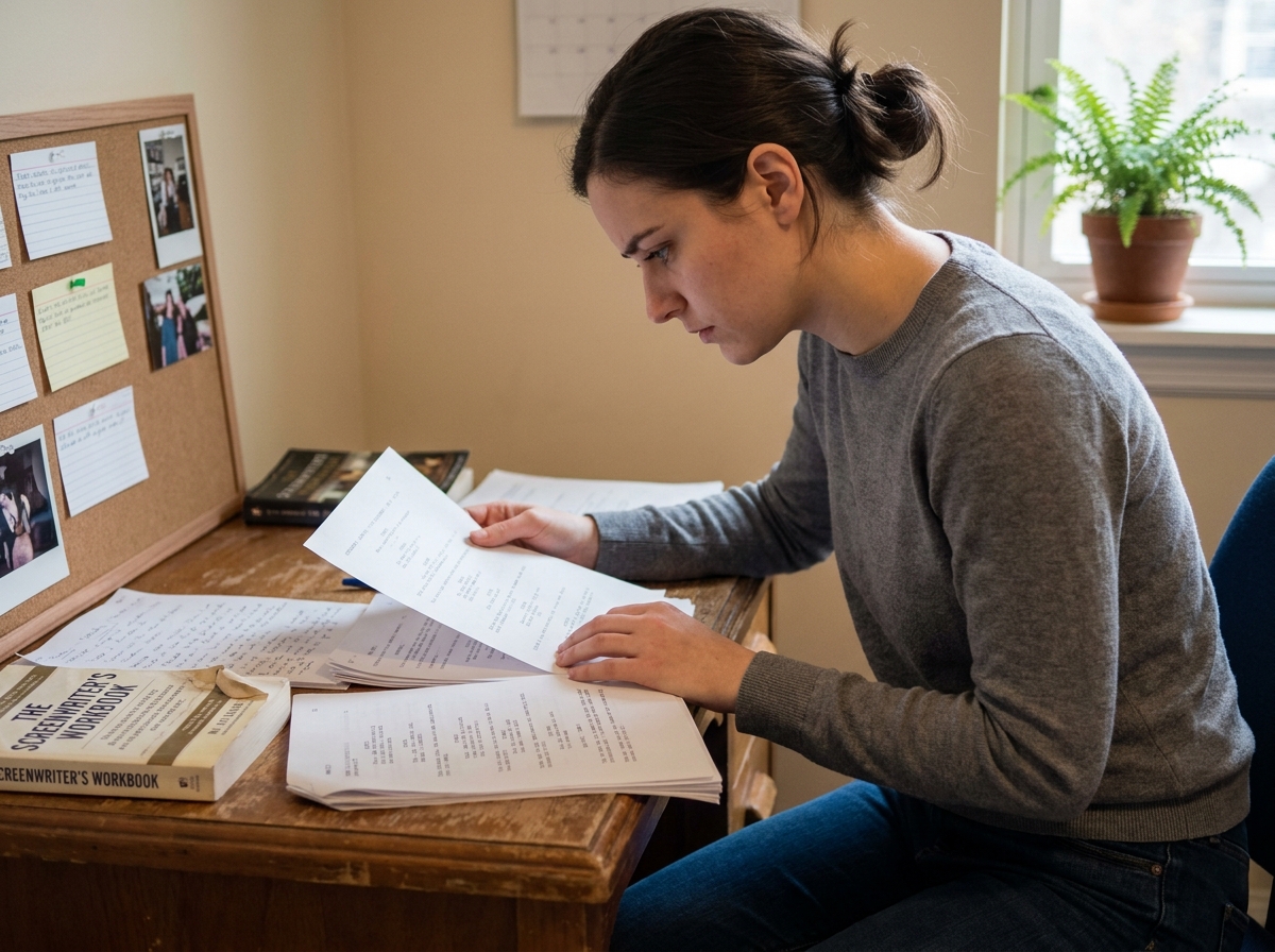 Jeune femme autodidacte étudiant des scripts de cinéma et des notes de scénarisation dans un bureau aménagé à domicile