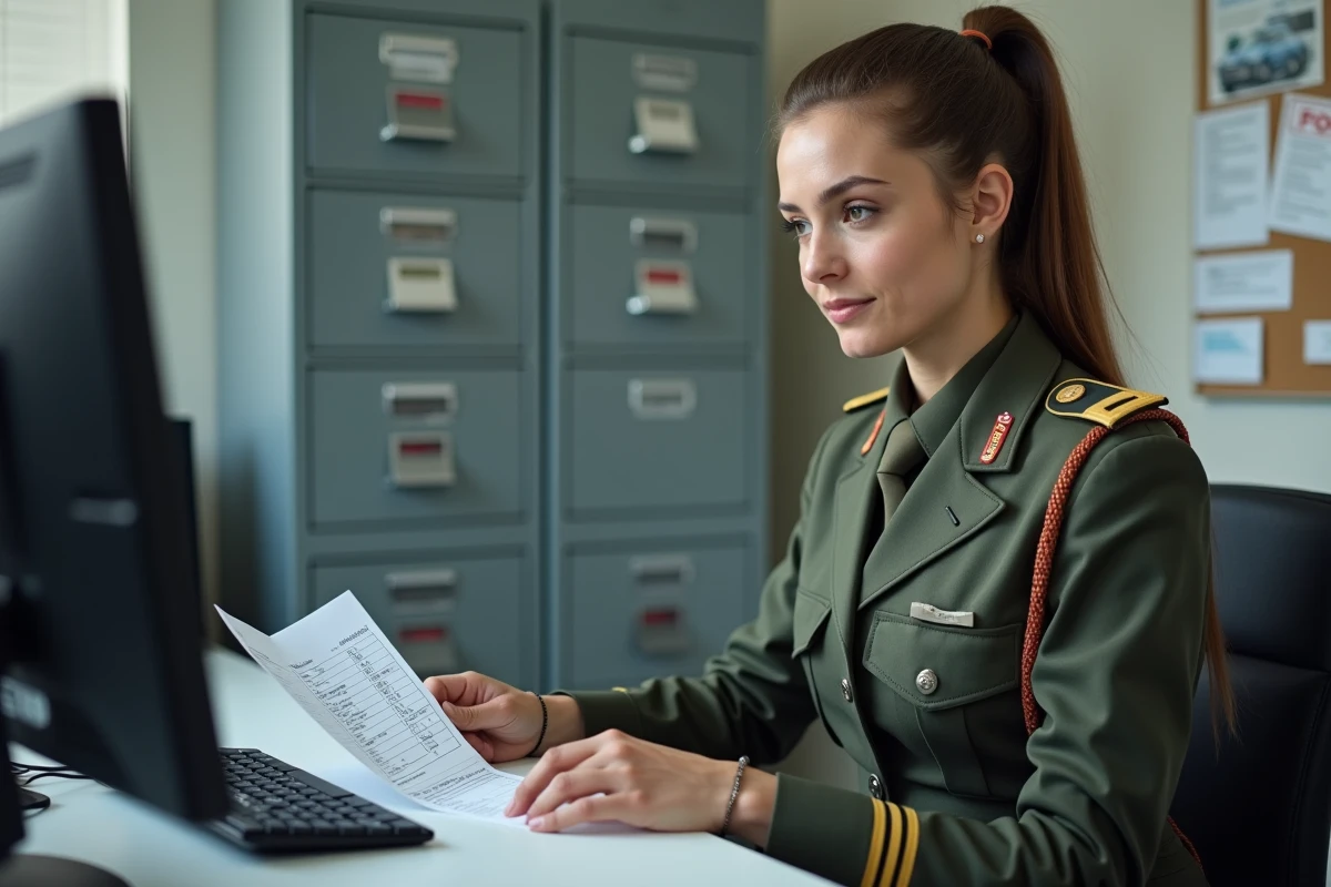 Sergente de l'armée de Terre en tenue officielle consultant sa fiche de paie militaire dans un bureau administratif