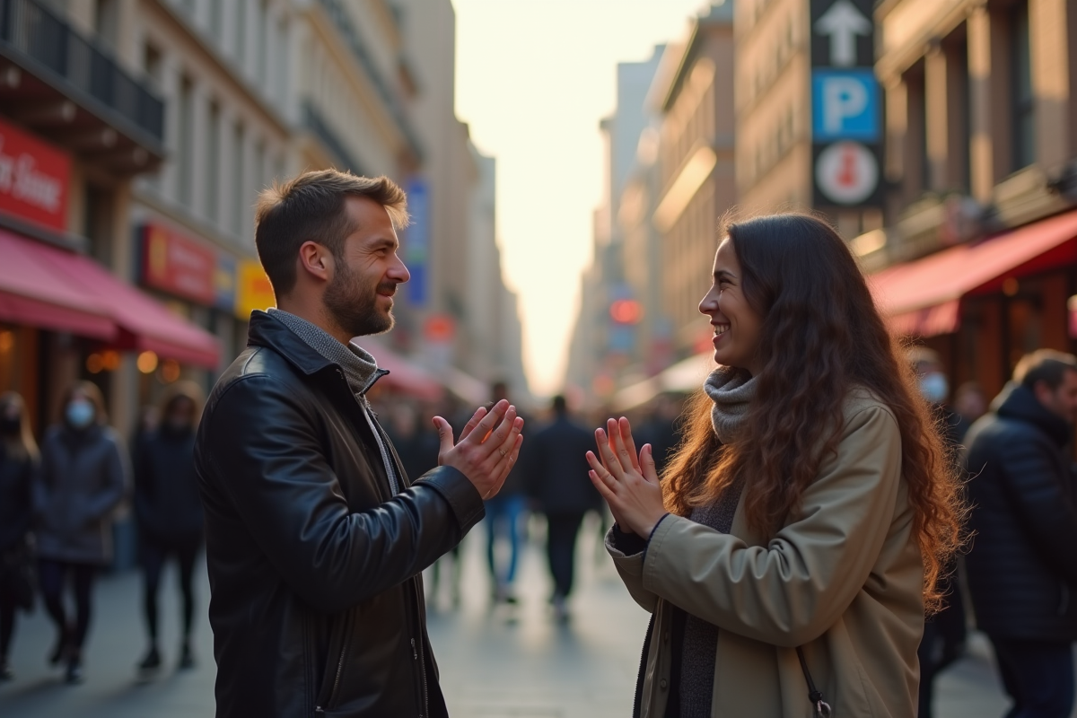 Deux personnes communiquant en langue des signes dans la rue