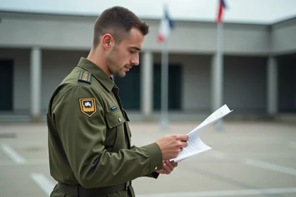 Sous-officier de l'armée de Terre en uniforme consultant un document administratif sur une base militaire française