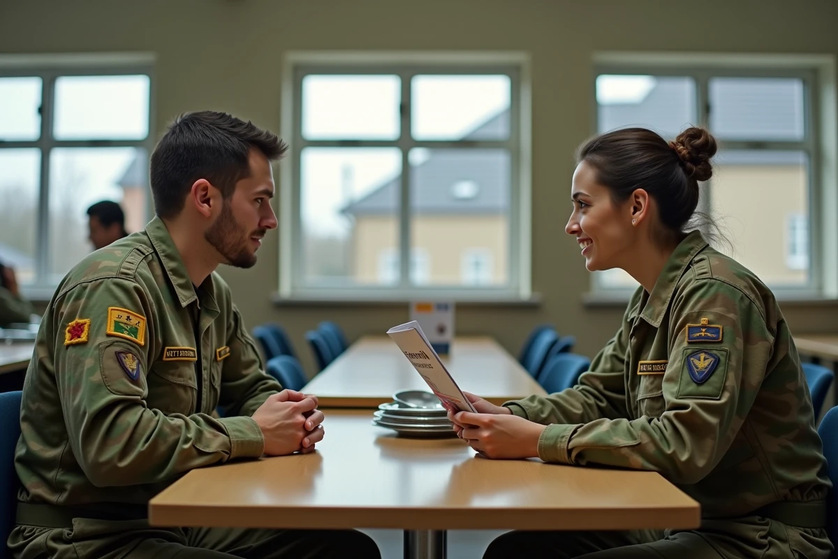 Deux sous-officiers de l'armée de Terre discutant des avantages de carrière et de rémunération militaire dans une cantine de base