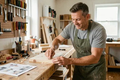 Homme adulte participant à un stage de bricolage à domicile, ponçant une étagère en bois dans un atelier DIY équipé