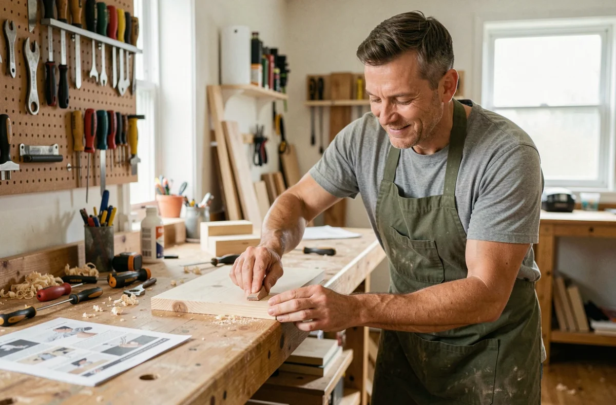 Homme adulte participant à un stage de bricolage à domicile, ponçant une étagère en bois dans un atelier DIY équipé