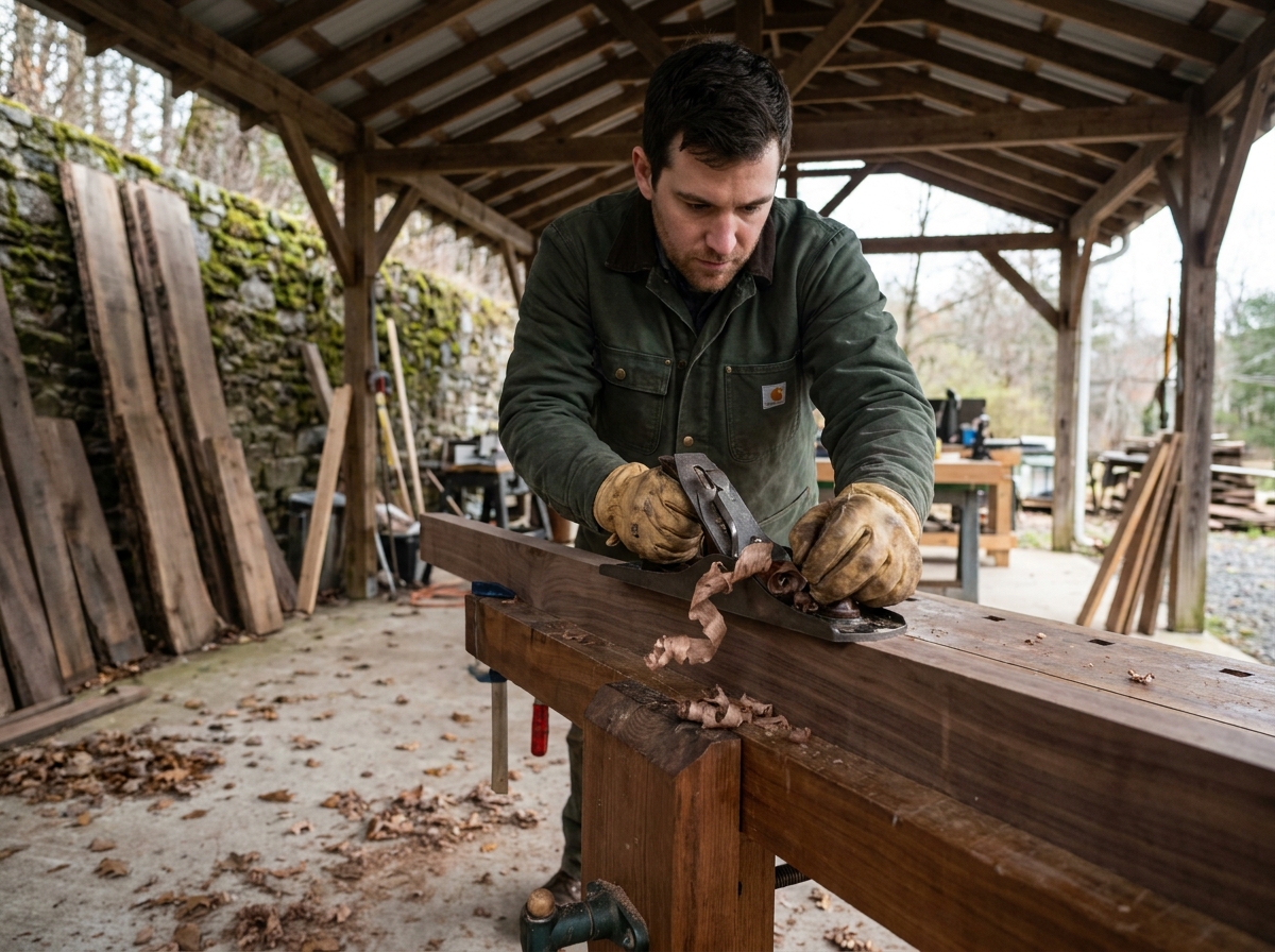 Stagiaire en formation menuiserie utilisant un rabot sur une planche de noyer dans un espace de travail artisanal semi-extérieur