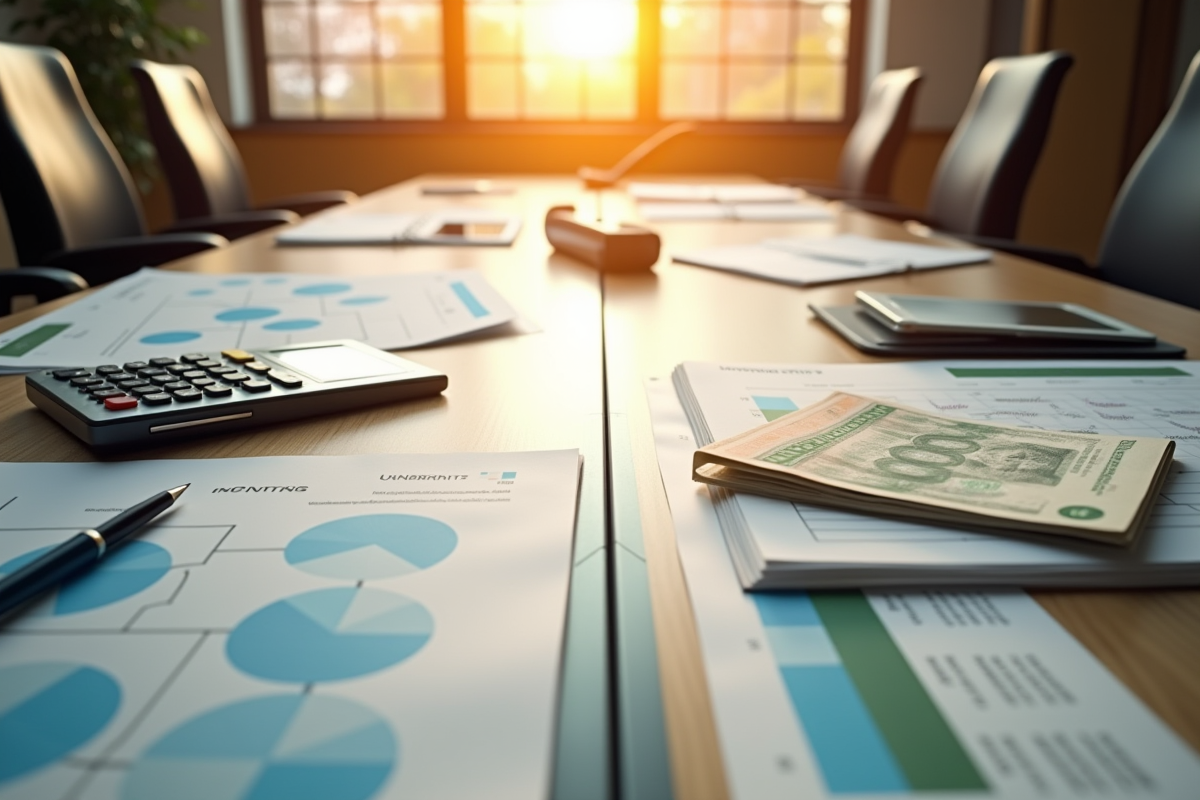 Table de réunion divisée entre outils de gestion et documents financiers