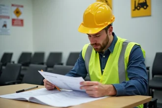 Cariste en gilet jaune révisant le test théorique CACES 1 et 3 dans une salle de formation logistique