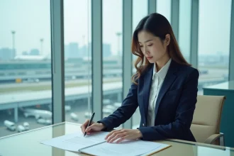 Professionnelle examinant des documents officiels liés à la reconnaissance de titre professionnel pour une mobilité internationale