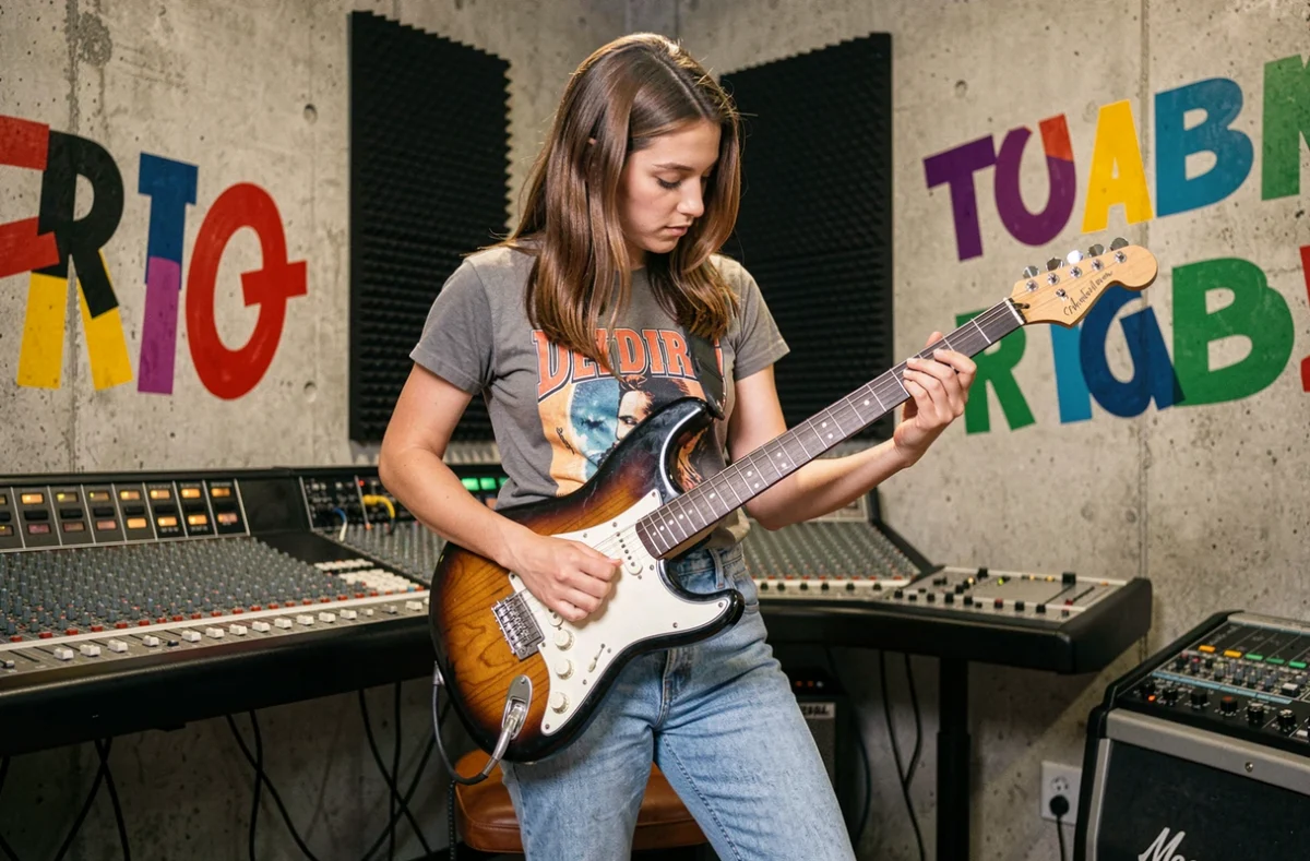 Une guitariste électrique en pleine session dans le studio moderne de Top Espace Musical à Montpellier