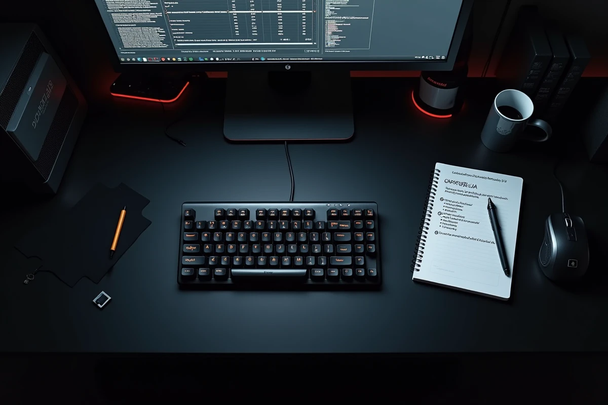 Vue aérienne d'un bureau avec checklist d'optimisation PC et logiciel CAP RLA affiché à l'écran